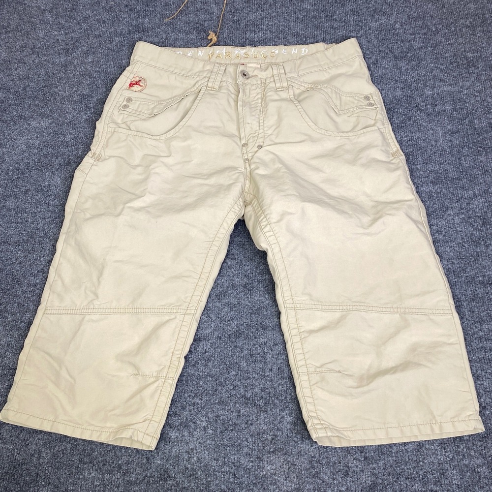 VTG Parasuco Cargo Shorts Tan Khaki Cotton Size 34 Embroidered Y2K Capri